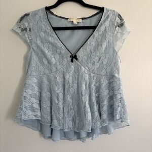 Vintage Y2K Coquette Baby Doll Stretch Lace Bow Blue Top Black Trim Large